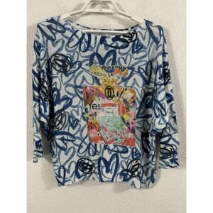 Free For Humanity Sweater Womens Large Blue Graffiti‎ Perfume Print Made Italy